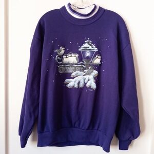 Vintage Christmas Chickadee Sweatshirt L Purple Birds Snow Winter 90s Granny